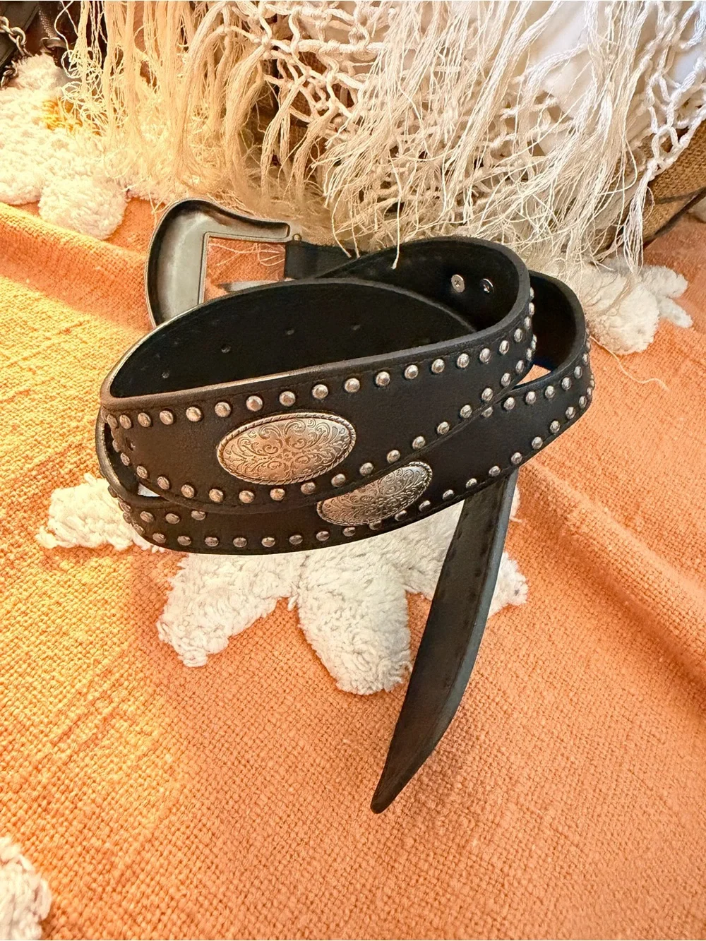 Studded Black Faux Leather Western Buckle Belt